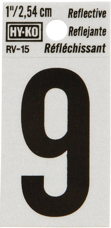 Hy-Ko RV-15/9 Reflective Sign, Character: 9, 1 in H Character, Black Character, Silver Background, Vinyl