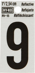 Hy-Ko RV-15/9 Reflective Sign, Character: 9, 1 in H Character, Black Character, Silver Background, Vinyl