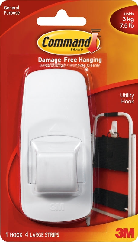 Command 17004 Utility Hook, 11/16 in Opening, 7.5 lb, 1-Hook, Plastic, White