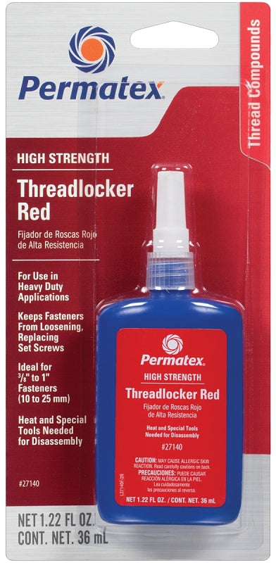 Permatex 27140 Threadlocker, Liquid, Mild, Red, 36 mL Bottle