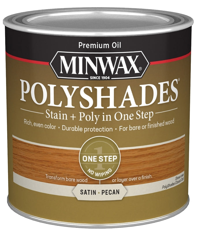 Minwax PolyShades 213204444 Wood Stain and Polyurethane, Satin, Pecan, Liquid, 0.5 pt, Can