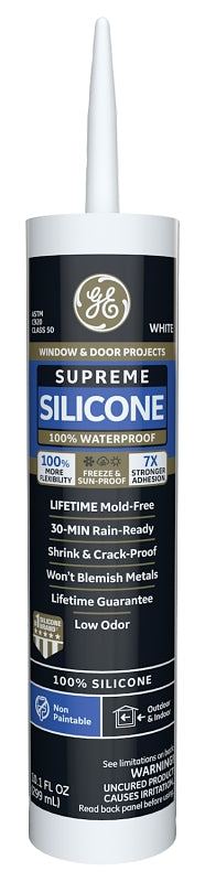 GE Supreme M90015-30 Window and Door Silicone Caulk, White, -60 to 400 deg F, 10.1 oz Cartridge