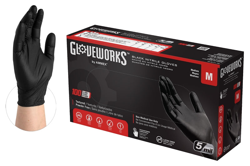 Gloveplus GPNB44100 Non-Sterile Gloves, M, Nitrile, Powder-Free, Black, 13.86 in L