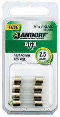 Jandorf 60658 Fast Acting Fuse, 2.5 A, 125 V, 100 A, 10 kA Interrupt, Glass Body