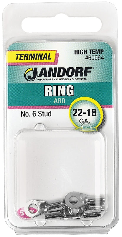 Jandorf 60964 Ring Terminal, 22 to 18 AWG Wire, #6 Stud, Copper Contact