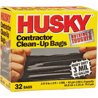 Husky HK42WC032B Contractor Clean-Up Bag, 42 gal, Black, Polyethylene