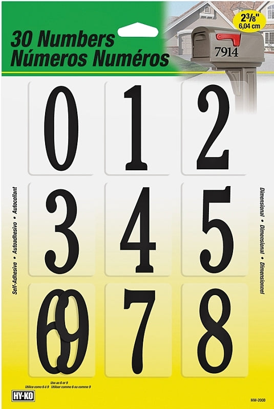 Hy-Ko MM-200B Packaged Number Set, 2-3/8 in H Character, Black Character, Plastic