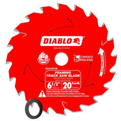 Diablo D0620TSR Track Saw Blade, 6-1/2 in Dia, 20 mm Arbor, 20-Teeth, Carbide Cutting Edge