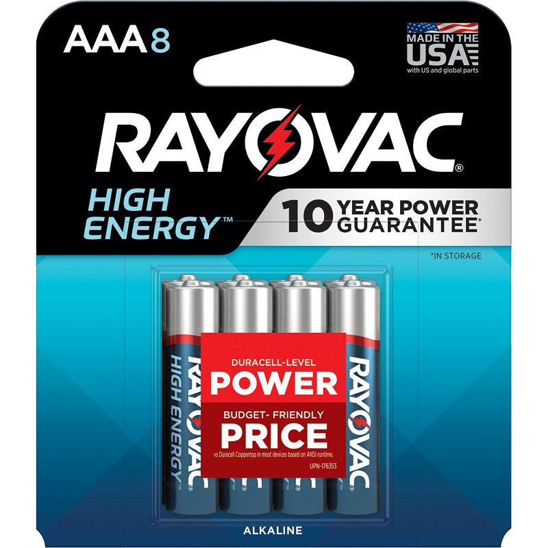 Rayovac 824-8J Battery, 1.5 V Battery, AAA Battery, Alkaline, 8/PK