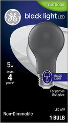 GE Black Light 93129710 Party Light Bulb, A19 Bulb, 5 W, Black Bulb, LED Bulb, 395 nmK Color Temp