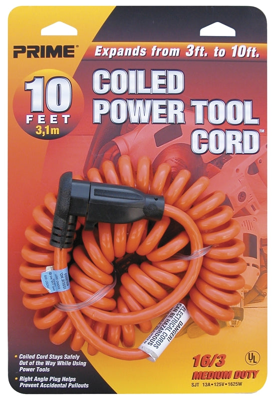 Prime AD010610 Power Tool Extension Cord, 16 AWG Wire, 10 ft L, Orange Sheath, 125 V