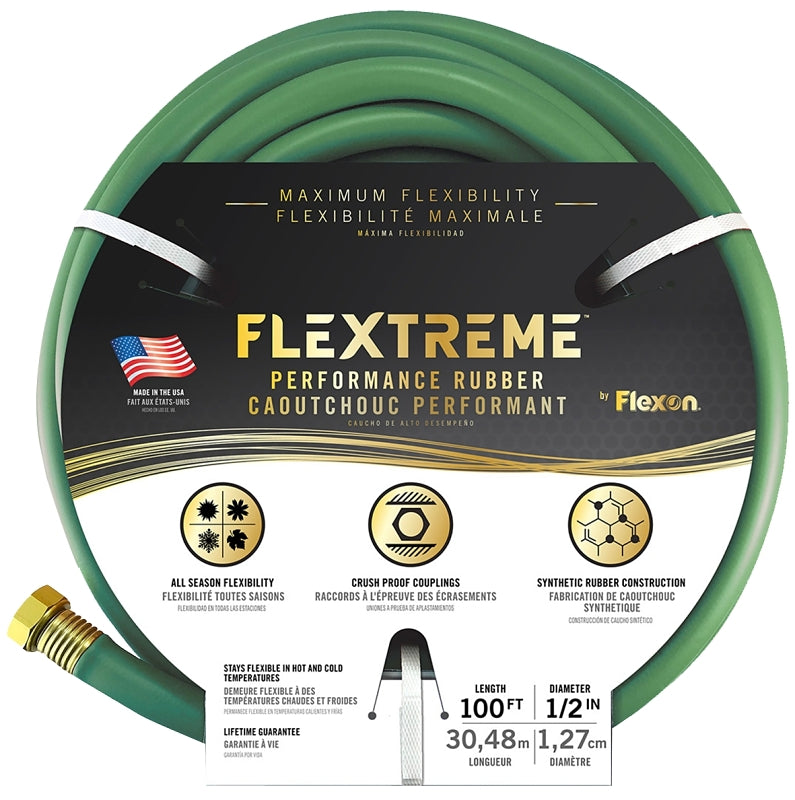 Flexon PH12100G Garden Hose, 1/2 in, 100 ft L, Rubber, Green