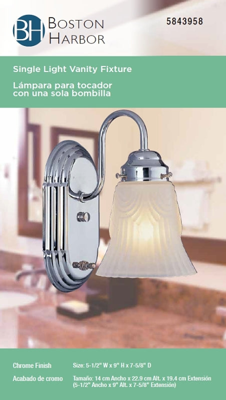 Boston Harbor RF-V-026-CH Vanity Light Fixture, 60 W, 1-Lamp, A19 or CFL Lamp, Steel Fixture, Chrome Fixture