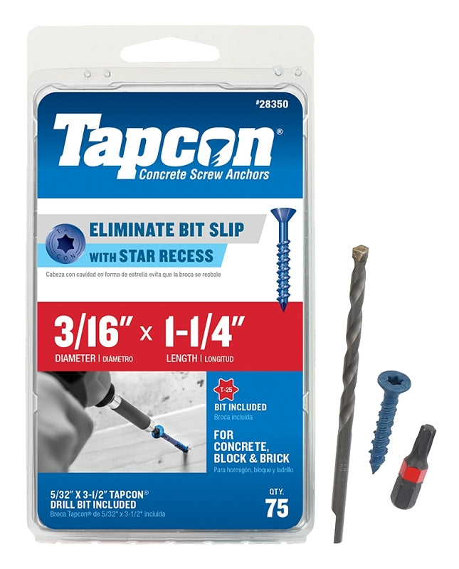 Buildex Tapcon 28350 Concrete Screw Anchor, 3/16 in Dia, 1-1/4 in L, Steel, Climaseal