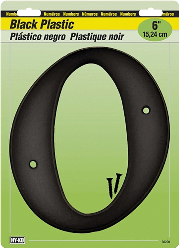 Hy-Ko 30200 Series 30210 House Number, Character: 0, 6 in H Character, Black Character, Plastic