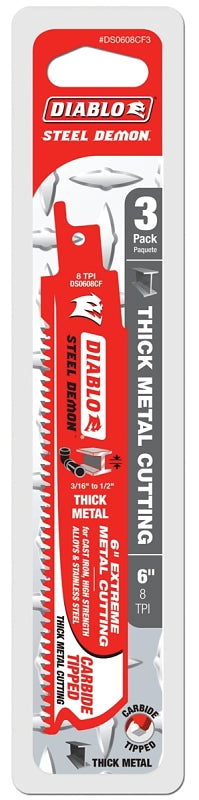 Diablo DS0608CF3 Reciprocating Saw Blade, 1 in W, 6 in L, 8 TPI, Carbide Cutting Edge