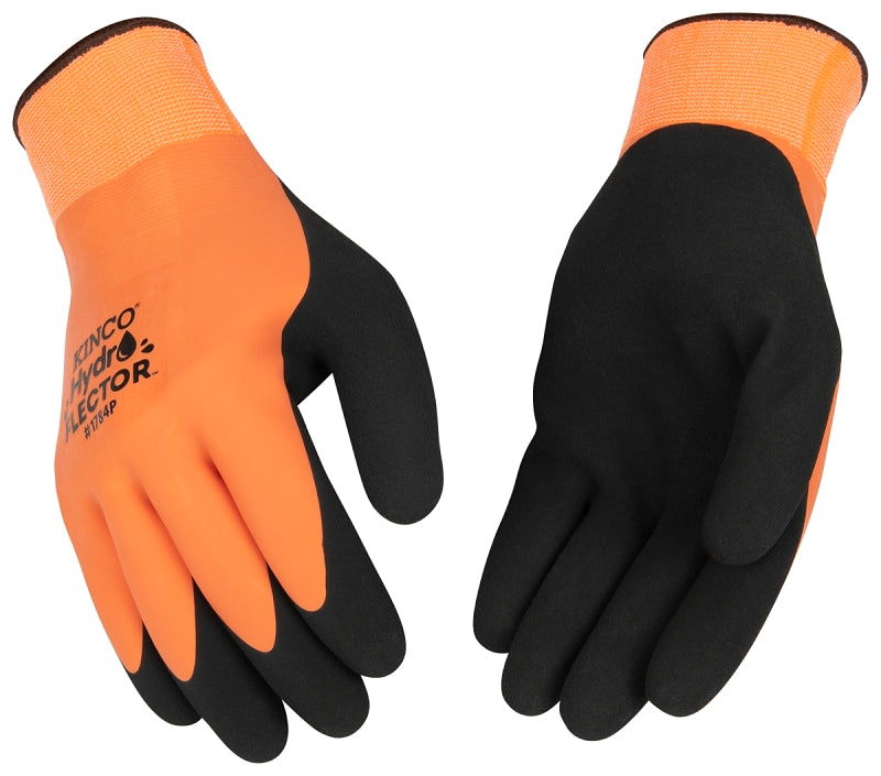 Hydroflector 1784P-XL Coated Gloves, XL, Knit Wrist Cuff, Latex Coating, Acrylic Glove, Black/Orange