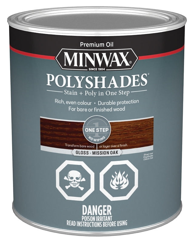 Minwax PolyShades CM3485300 Stain and Polyurethane, Gloss, Liquid, Mission Oak, 946 mL, Can