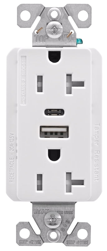 Eaton Cooper Wiring TRUSBAC20 TRUSBAC20W-K-L Receptacle, 2 -Pole, 5 A, 125 VAC, 2 -USB Port, Type A, C USB, White