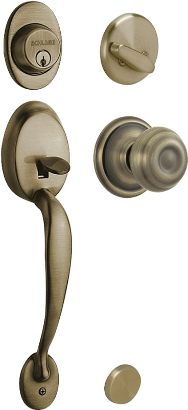 Schlage F60PLYXGEO609 Combination Lockset, Mechanical Lock, Handleset with Knob Handle, Round Design, Antique Brass, Yes