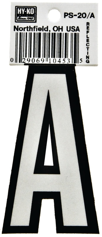 Hy-Ko PS-20/A Reflective Letter, Character: A, 3-1/4 in H Character, Black/White Character, Vinyl