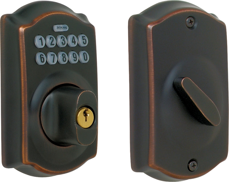 Schlage BE365VCAM716 Electronic Dead Bolt, Aged Bronze, Residential, Grade 1 Grade, Metal, Turn-Piece Interior Handle