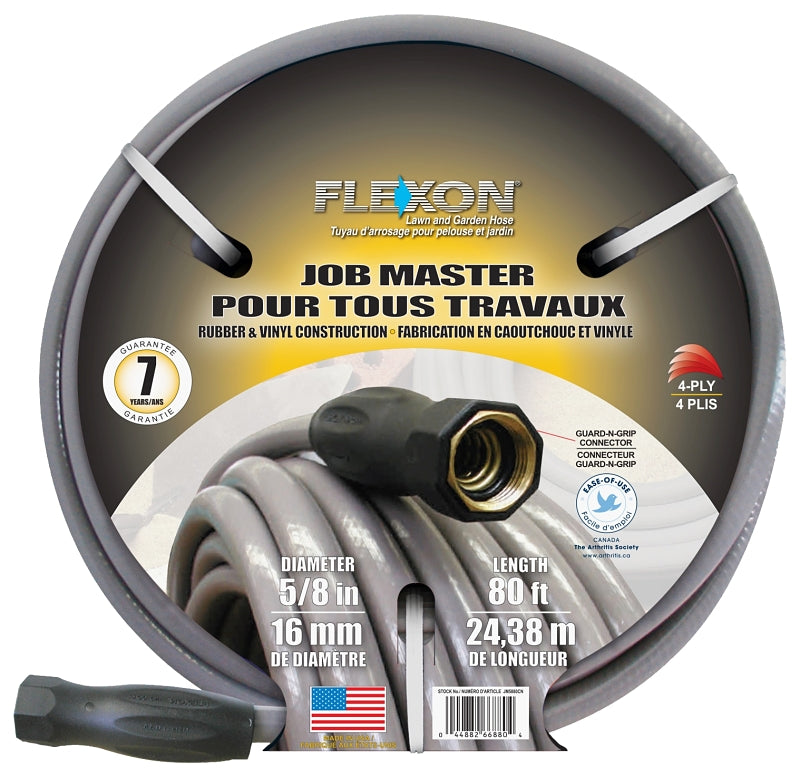Flexon Job Master JM5880 Garden Hose, 5/8 in, 80 ft L, Guard-N-Grip, Rubber/Vinyl, Gray