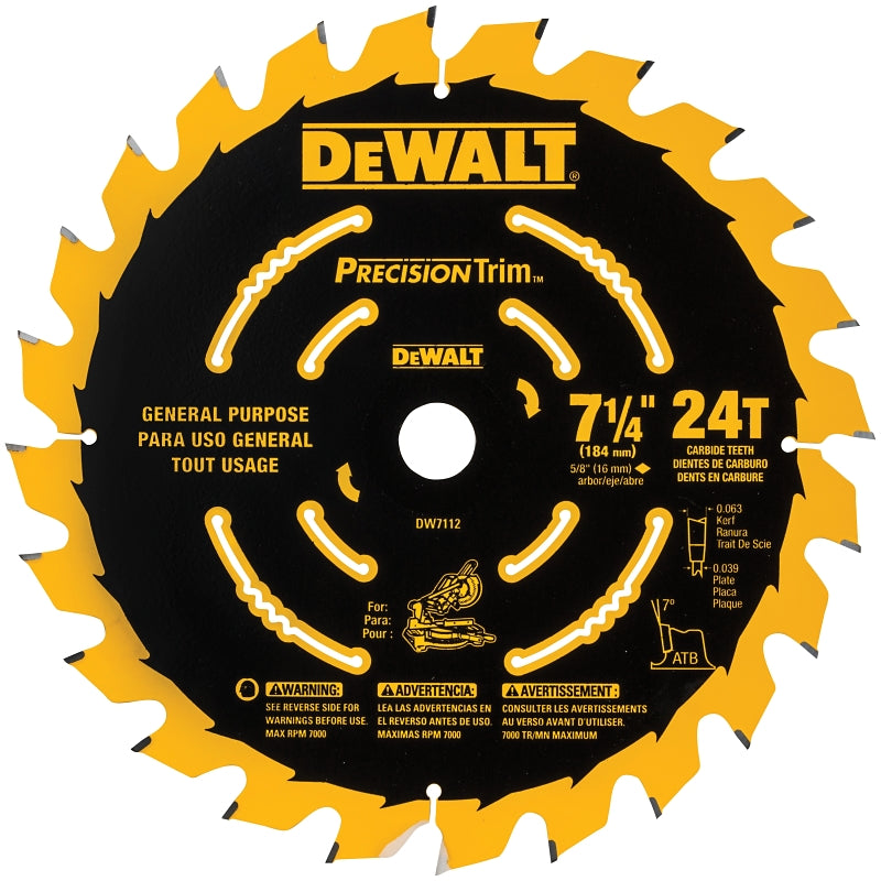 DeWALT DW7112PT Precision Saw Blade, 7-1/4 in Dia, 24-Teeth, Carbide Cutting Edge, Applicable Materials: Wood