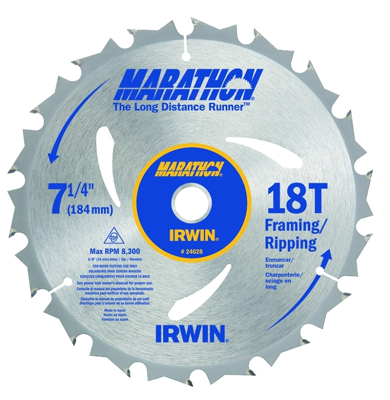 Irwin Marathon 24028 Circular Saw Blade, 7-1/4 in Dia, 5/8 in Arbor, 18-Teeth, Carbide Cutting Edge