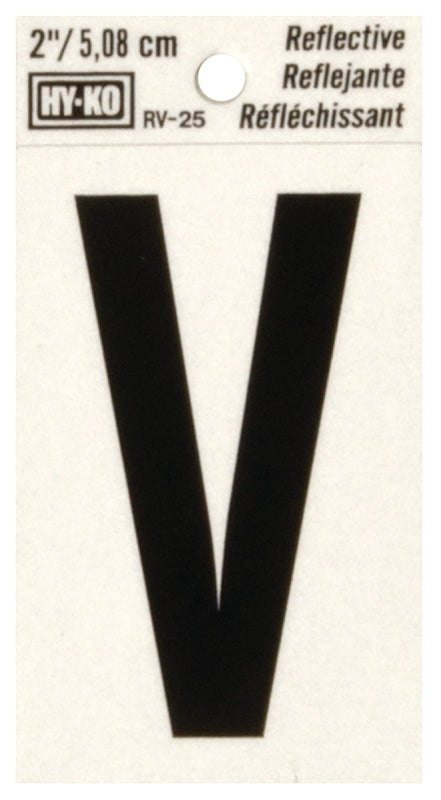 Hy-Ko RV-25/V Reflective Letter, Character: V, 2 in H Character, Black Character, Silver Background, Vinyl