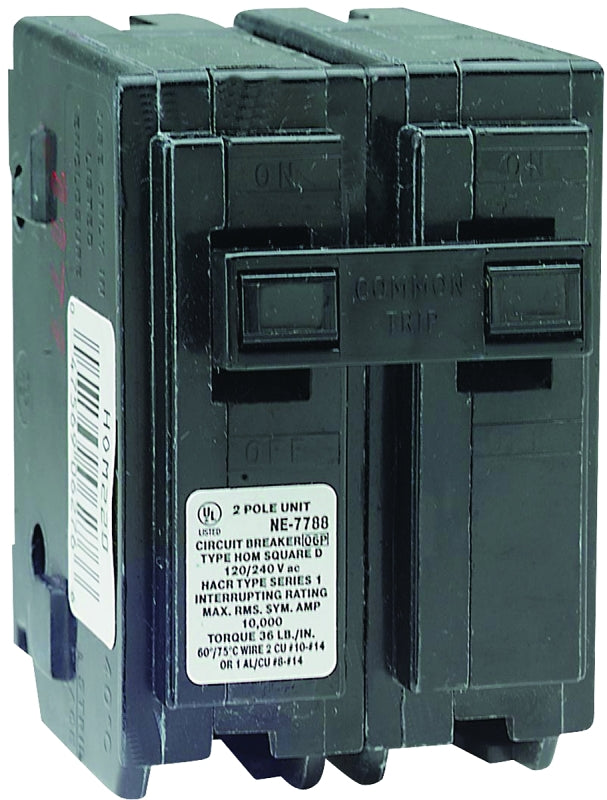 Square D Homeline HOM240CP Circuit Breaker, Mini, 40 A, 2 -Pole, 120/240 V, Fixed Trip, Plug Mounting, Black