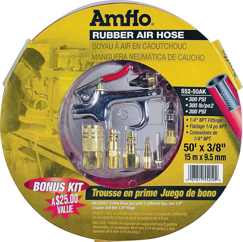 Amflo 552-50AK-5 Air Hose Kit, 3/8 in OD, 50 ft L, MNPT, 300 psi Pressure, Rubber, Red