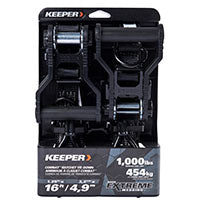 Keeper 85450 Tie-Down, Ratchet Adjustment, 1-1/4 in W, 16 ft L, Black, 1000 lb Working Load, J-Hook End, 2/PK