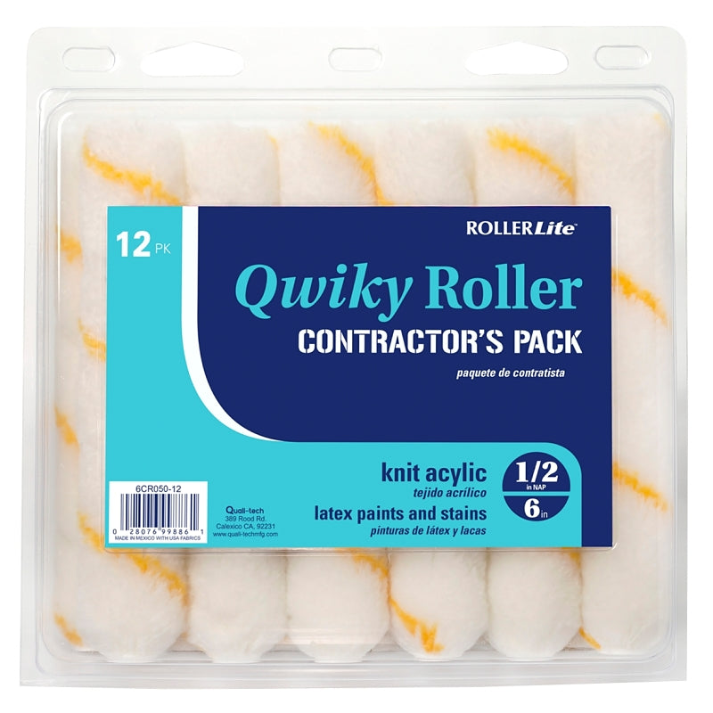 RollerLite Qwiky 6CR050Q-12 Mini Roller Cover, 1/2 in Thick Nap, 6 in L, Acrylic Cover, Gold/White
