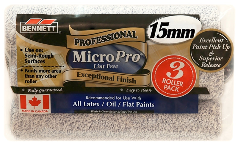 BENNETT 3PK MP15MM Paint Roller, 15 mm Thick Nap, 9-1/2 in L, Polyester Cover, Blue