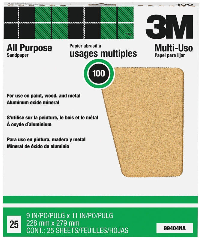 3M 99404 Sandpaper Sheet, 11 in L, 9 in W, Medium, 100 Grit, Aluminum Oxide Abrasive, Paper Backing