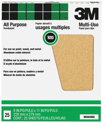 3M 99404 Sandpaper Sheet, 11 in L, 9 in W, Medium, 100 Grit, Aluminum Oxide Abrasive, Paper Backing