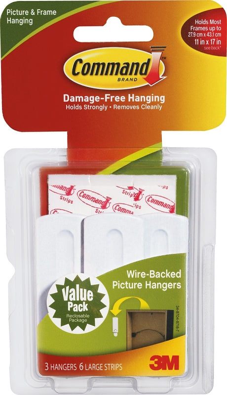 Command 17043 Picture Hanger, 5 lb, Plastic, White, Adhesive Strip Mounting