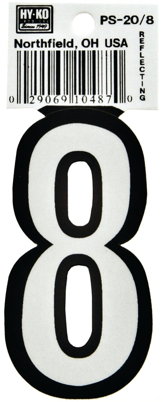 Hy-Ko PS-20/8 Reflective Sign, Character: 8, 3-1/4 in H Character, Black/White Character, Vinyl