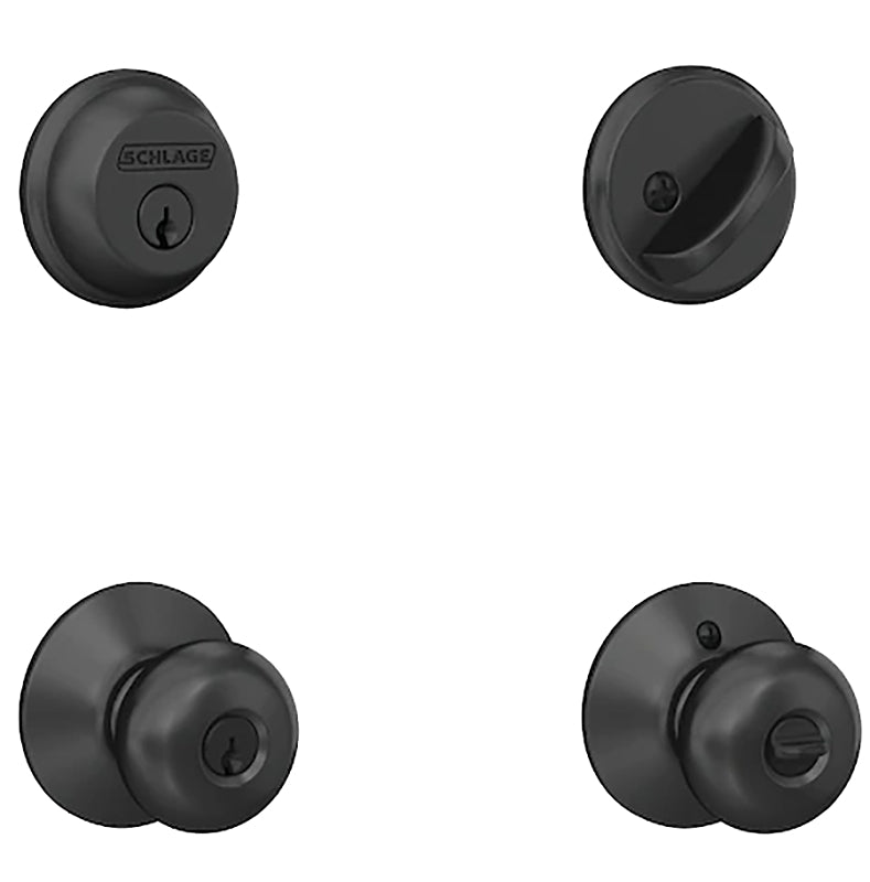 Schlage FB50 V PLY 622 Deadbolt and Knobset, Mechanical Lock, Knob Handle, Round Design, Matte Black, Yes, Grade 1 Grade