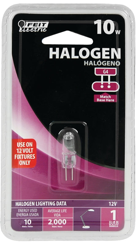 Feit Electric BPQ10T3 Halogen Bulb, 10 W, G4 Lamp Base, JC T3 Lamp, 3000 K Color Temp, 2000 hr Average Life