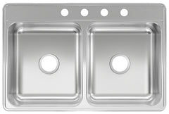 KINDRED CDLA3322-6-4N Two Bowl Kitchen Sink, 4-Faucet Hole, 33 in OAW, 22 in OAD, Stainless Steel, Top Mounting