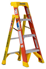 WERNER L6200 Series L6204 Leaning Ladder, 7 ft 3 in, 8 ft 4 in Max Reach H, 4-Step, 300 lb, Fiberglass, Orange/Yellow