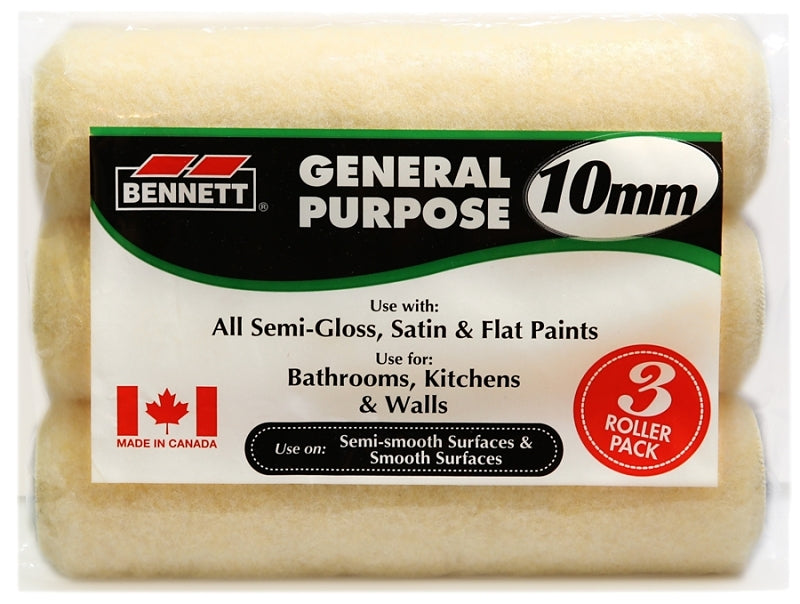 BENNETT 3PK PL1009 Paint Roller Refill, 10 mm Thick Nap, 240 mm L, Fabric Cover