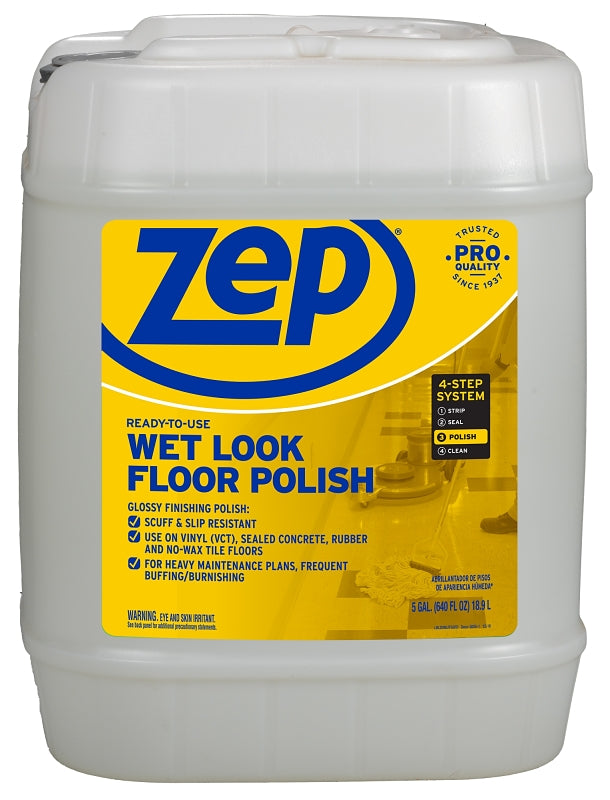 Zep ZUWLFF5G Floor Finish, 5 gal Can, Liquid, Mild Ammonia, Milky White