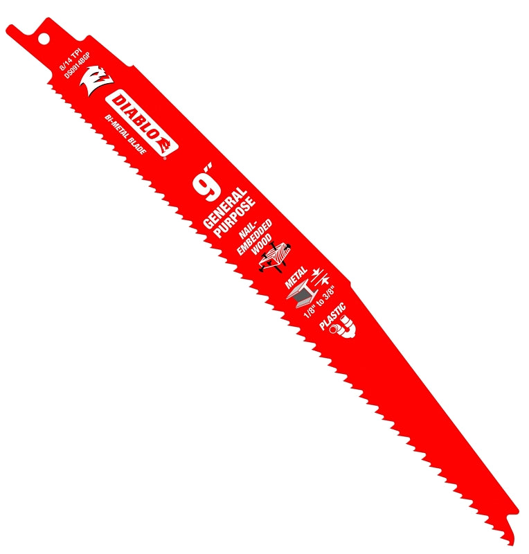 Diablo DS0914BGP25 Reciprocating Saw Blade, 1 in W, 9 in L, 8, 14 TPI