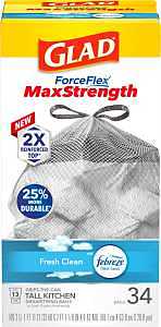 Glad 70320 Trash Bag, 13 gal, Plastic