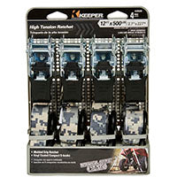 Keeper 43509 Tie-Down, 1 in W, 12 ft L, Digital Grey Camo, 500 lb, Compact S-Hook End Fitting