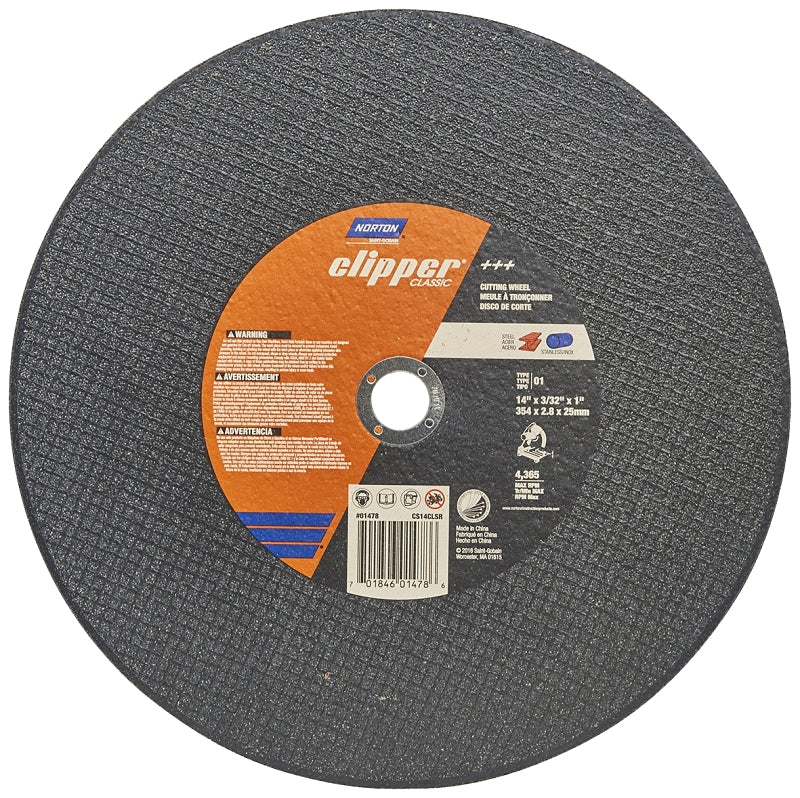 Norton Clipper Classic A AO Series 70184601478 Cut-Off Wheel, 14 in Dia, 3/32 in Thick, 1 in Arbor