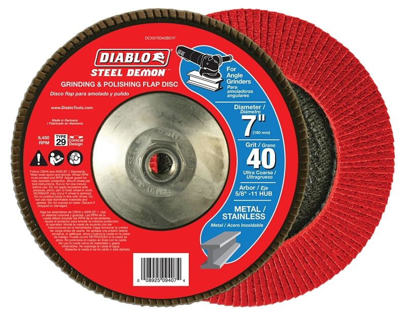 Diablo Steel Demon DCX070040B01F Flap Disc with Hub, 7 in Dia, 5/8-11 Arbor, 40 Grit, Ultra Coarse